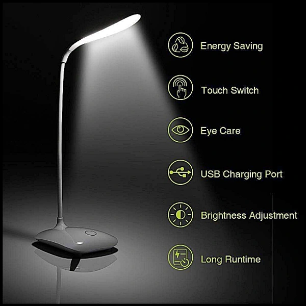 Rechargeable LED Desk Lamp One-touch On/Off Switch Student Study Reading Learning Dimmer / Brightener Rechargeable Led Table with Children Eye Protection Lamps (White)  